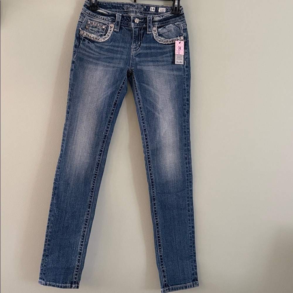 Miss Me Girls Denim Jeans Embellished Flap Rear Pockets Rhinestones, beads NWT